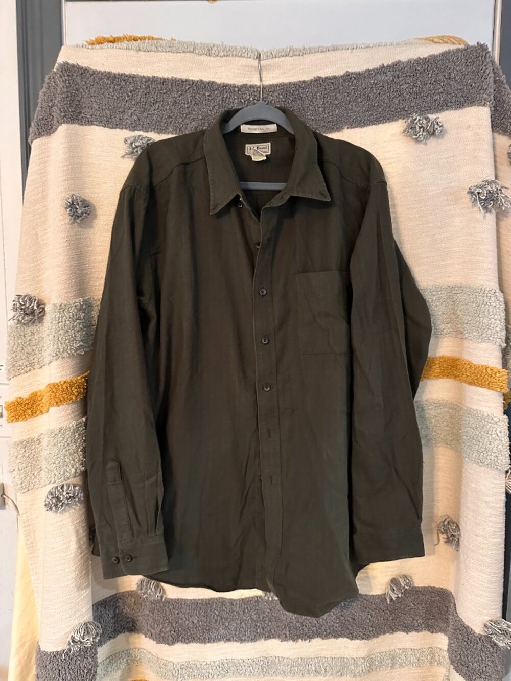 L.L. Bean Cotton Herringbone Button Down Shirt Olive Green Drab - XL Regular